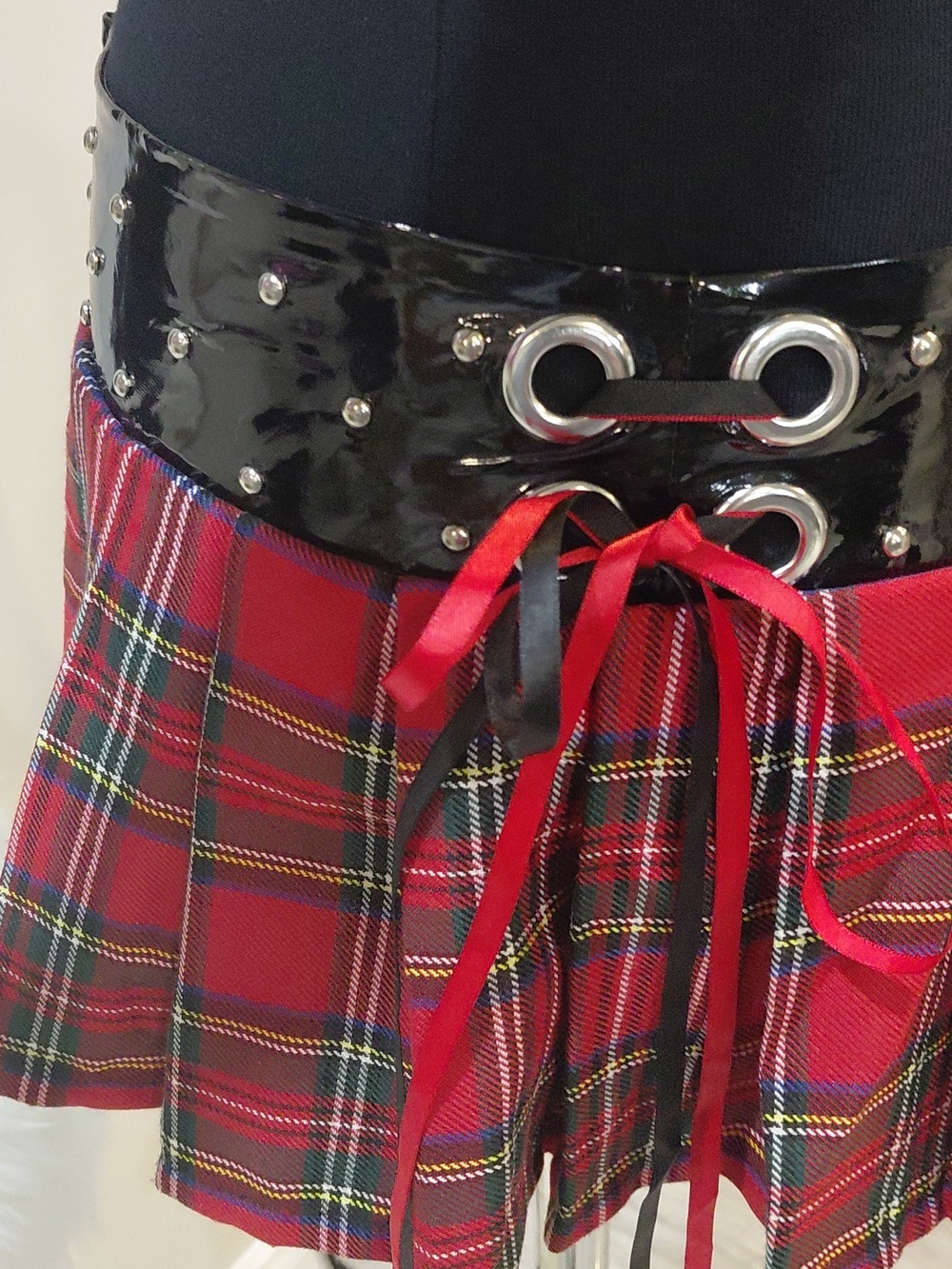 Bundle Plaid Red Mini Skirt with Studded Waistband - Picture 3 of 12